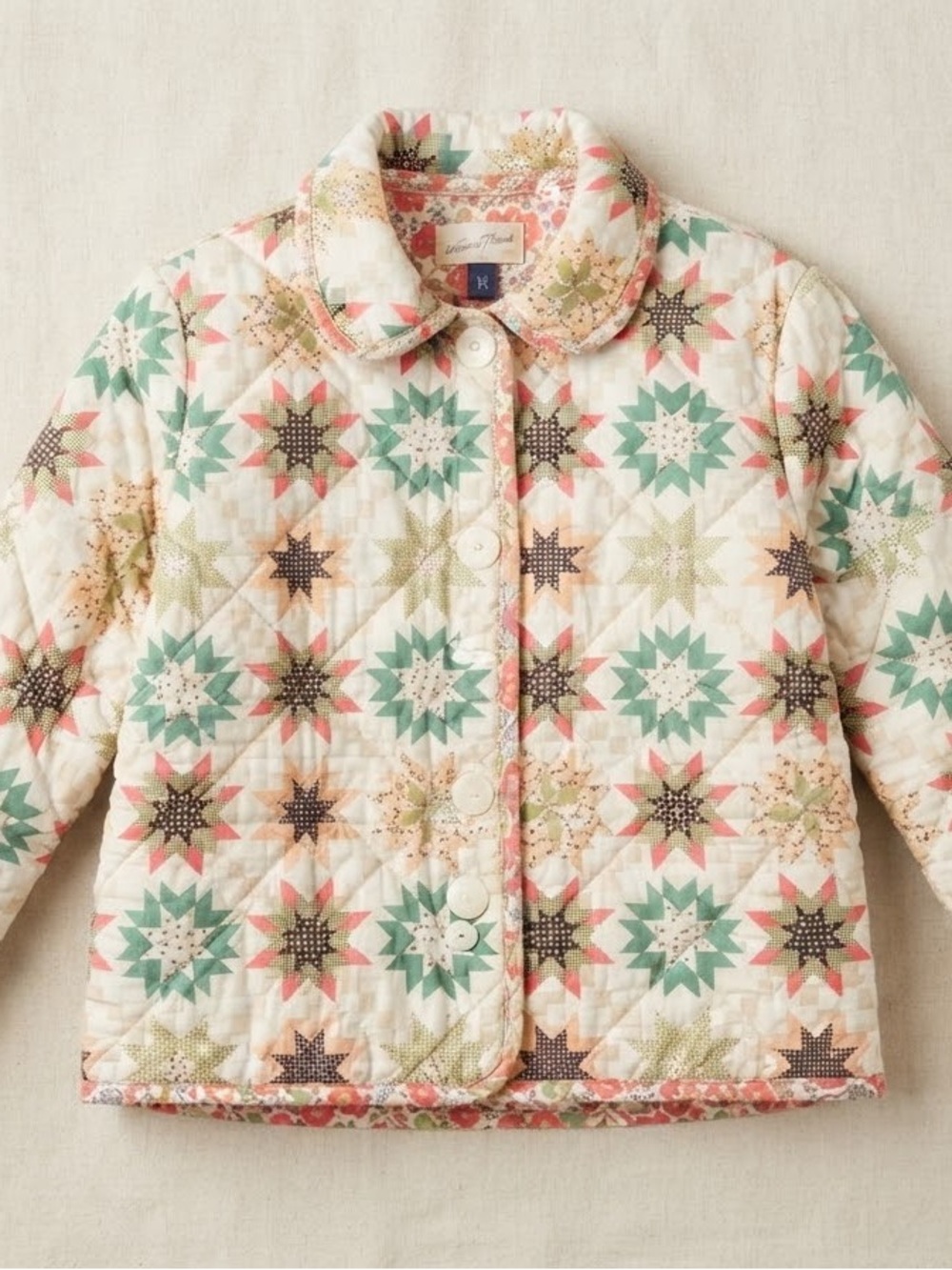 Universal Thread Quilted Star-Print Puffer Jacket - Cream, Green & Coral